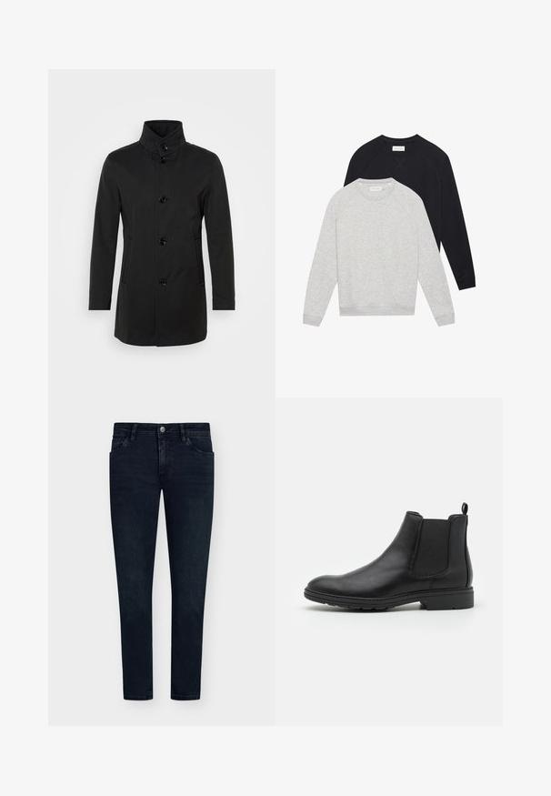 Zwarte jas met hoge kraag, knoopsluiting, twee zijzakken en een gladde stof. Modern, gestroomlijnd ontwerp zonder patronen.; Twee langslavende sweatshirts met ronde hals, één lichtgrijs voor één zwart, beide met ribgebreide manchetten en zoom.; Donkerblauwe denim jeans met een slim fit, vijfzakkenontwerp, knoopsluiting en minimale vervaging. Rechte voorkant en smalle beenopeningen.; Zwarte leren Chelsea-boot met elastische zijpanelen en een trekhaak, met een ronde neus en een gestructureerde rubberen zool.
