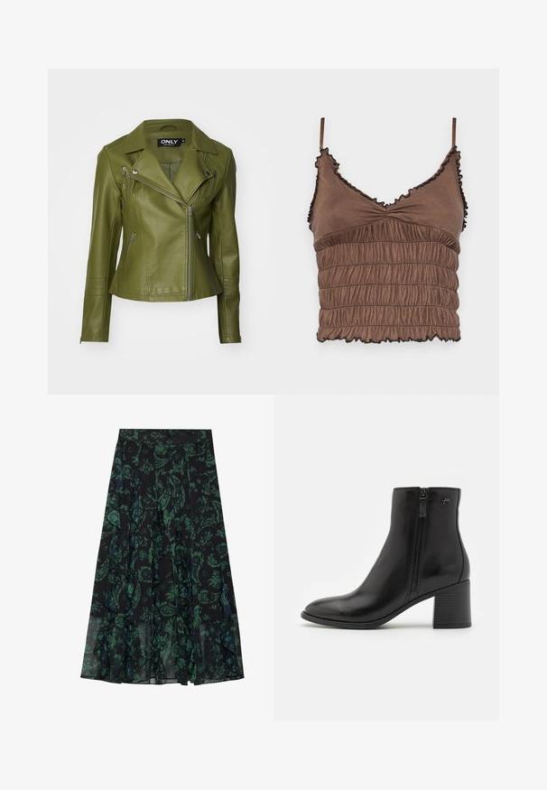 Giacca in finta pelle verde oliva con un design aderente, chiusura con zip asimmetrica e tasche con zip. Presenta dettagli rigati sulle maniche.; Top corto marrone realizzato in tessuto morbido, caratterizzato da un design arricciato, spalline regolabili e bordi fronzuti con dettagli neri.; Gonna nera con motivo floreale verde, caratterizzata da bordi arruffati e pieghe. Realizzata in tessuto leggero, offre una silhouette fluida.; Stivali alla caviglia neri in pelle liscia con zip laterale. Presentano una punta appuntita e un tacco a blocco texturizzato per maggiore stabilità.