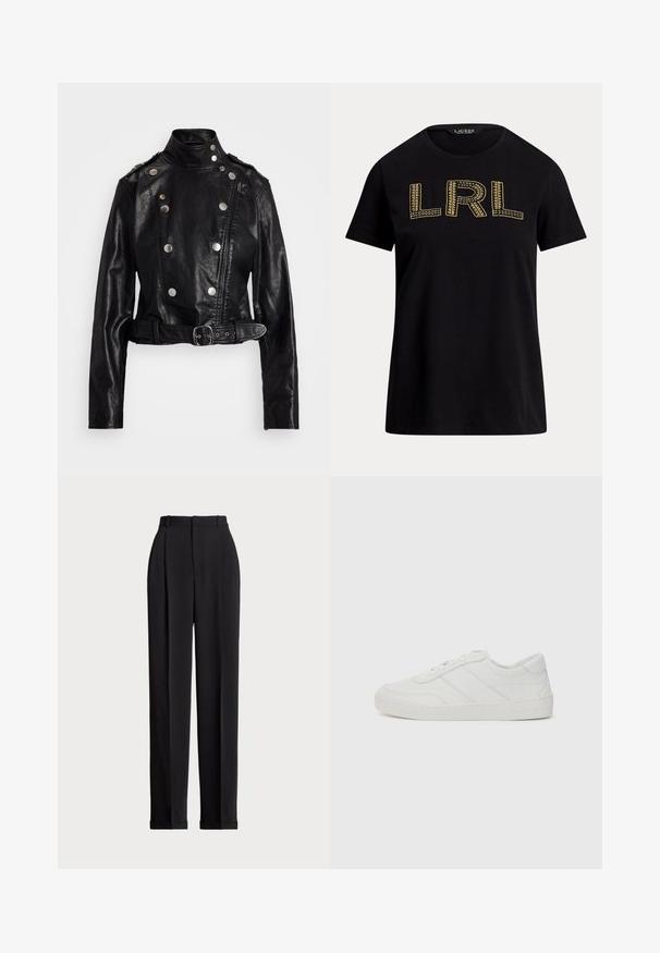 Jachetă de motocicletă din piele neagră, cu guler înalt, fermoar asimetric, accente cu butoane argintii și talie cu curea. Are umeri căptușiți.; Tricou din bumbac negru cu mâneci scurte, prezentând textul "LRL" brodat cu fir auriu pe față. Guler rotund, croială lejeră, textură netedă.; Pantaloni negri, croiți pe măsură, cu talie înaltă, cu plii în față, design cu picior drept și tiv manșetat. Confecționați dintr-un material neted.; Pantofii sport din piele albă cu șireturi plate, vârful rotunjit și detalii de cusătură subtile. Dispun de o talpă texturată și un logo de marcă embosat pe călcâi.