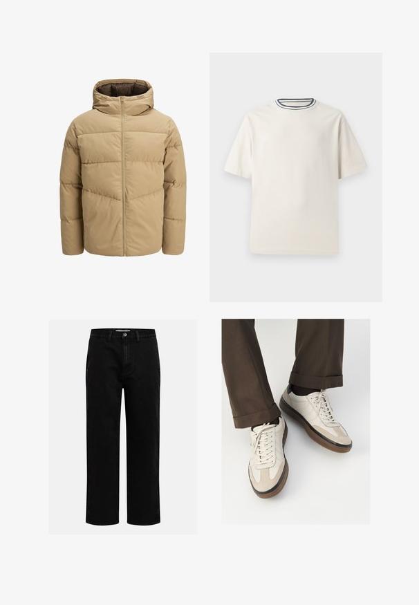 Beige pufferjack met een capuchon, met een ritssluiting aan de voorkant, gestikte panelen en een gladde textuur. De binnenkant is donkerbruin.; Crème-kleurige katoenen t-shirt met korte mouwen, met een ronde halslijn die is accentueerd met marineblauwe en witte strepen. Soepele textuur, ontspannen pasvorm.; Zwarte denim broeken met een rechte pijp, klassieke vijf-pocket structuur en een knoopsluiting in de taille. Glad materiaal en duurzame stof.; Beige sneakers met een leren voorkant van textuur-suède, gladde leren zijkanten en een bruine rubberen zool. Veters en lichte stikseldetails inbegrepen.