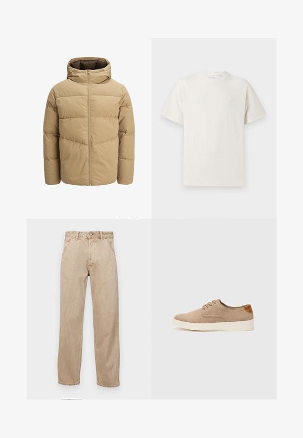 Beige színű puffasztott dzseki kapucnival, elülső cipzárral, steppelt panelekből és sima textúrából készült. Belseje sötétbarna.; Fehér, rövid ujjú póló bordázott textúrával. Kerek nyakkivágás, laza szabás, nincs látható minta vagy díszítés. Egyszerű és sokoldalú dizájn.; Beige színű farmernadrág egyenes fazonnal, elülső zsebekkel, fém gombos záródással és diszkrét textúrával.; Beige velúr sportcipő, kerek orral, fűzős elülső résszel és textúrált hátsó részlettel. Fehér gumitalp kontrasztot ad. Egyszerű és modern design.