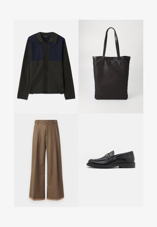 Button-up cardigan featuring a color-block design in dark green and navy, textured fabric, classic collar, and black buttons.; White button-up shirt with a collar, featuring subtle vertical stripes, long sleeves, a chest pocket, and classic rounded hem.; Wide-leg trousers in a dark brown fabric, featuring two side pockets, two decorative front buttons, and a contrast hem detail.; Black leather loafers with a rounded toe, featuring gold hardware accent and stitching detail, set on a low, textured rubber sole.; Black canvas tote bag with black leather handles. Simple design, spacious body, and a smooth texture. No visible logos or patterns.