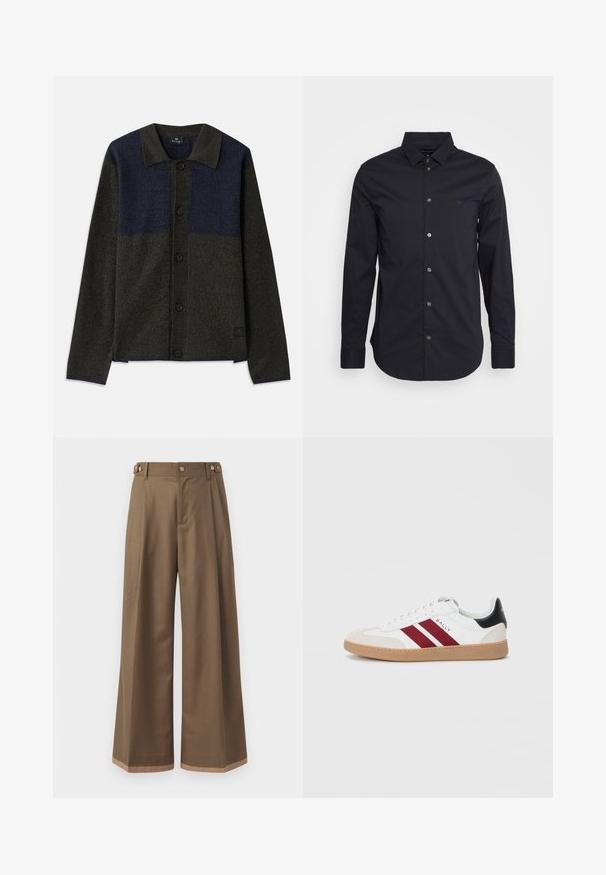 Nööpidega kardigan, millel on kahte värvi disain tume roheline ja tumesinine, tekstureeritud kangas, klassikaline krae ja mustad nööbid.; Mustas pikkade varrukatega nööpidega särk, mis on valmistatud siledast materjalist, klassikalise kraega, täispikkade varrukatega ja rinnal on väike logo.; Laiad sääred tumepruunides pükstes, millel on kaks küljetaskut, kaks dekoratiivset nupukest ees ja kontrastne äärise detail.; Valged madalad tossud, millel on kaks tumepunast triipu, sametist varvasetoot, must aktsent kandadel ja kummine tald.