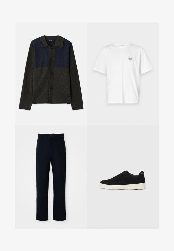 Mygtukų užsegimas kardiganas su dviejų spalvų deriniu - tamsiai žalia ir tamsiai mėlyna, tekstūruota medžiaga, klasikinis apykaklė ir juodi mygtukai.; Balta medvilninė marškinėlių, su trumpomis rankovėmis, apykaklė nei per aukšta, nei per žema, ir mažas pilkas logotipas kairėje krūtinės pusėje. Lygi tekstūra.; Tamsiai mėlynos medvilninės kelnės, turinčios tiesioginį kirpimą, priekyje užsegamos mygtuku ir klasikine juosta su dirželio kilpom.; Juodos veliūrinės sportinės bateliai su raištelių dizainu ir kontrastinga balta gumine padais. Yra tekstūruoti šoniniai skydeliai ir subtilus logotipas ant kulno.