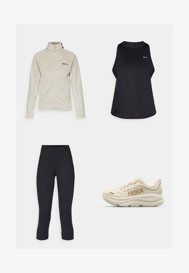Helle beige Fleecejacke mit Reißverschluss vorne, hohem Kragen und Seitentaschen. Verfügt über ein Logo auf der oberen linken Seite und eine glatte Textur.; Schwarzes ärmelloses Lauf-Tanktop aus leichtem Material mit Rundhalsausschnitt; verfügt über ein dezentes Logo und Seitenschlitze für Atmungsaktivität.; Schwarze, cropped Leggings aus dehnbarem Material, mit einem hohen Bund und glatter Textur, ohne sichtbare Muster oder Hardware.; Helle beige Laufschuhe mit Obermaterial aus Mesh, gepolstertem Kragen, hervorgehobenem "HOKA"-Logo in Gold und dicker, gepolsterter Sohle für Komfort.