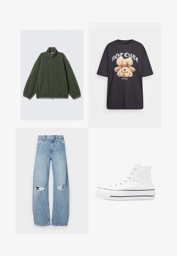 Casaco de lã verde com gola alta, fecho de correr completo e punhos elásticos. Apresenta uma textura suave e um design minimalista.; T-shirt oversized preto com uma gráfica de um urso e o texto "NÃO FOFO, MAS SELVAGEM" em letras brancas e em negrito. Material em algodão.; Jeans de lavagem clara, de cintura alta, feitos de denim. Apresentam pernas largas, duas áreas rasgadas nos joelhos e o estilo clássico de cinco bolsos.; Sapatilha alta de tela branca com sola de borracha preta, bico de borracha na frente e seis ilhós para os atacadores, apresentando um design limpo e minimalista.