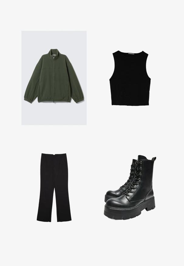 Green fleece jacket with a high collar, full zip, and elasticized cuffs. Features a soft texture and a minimalistic design.; Black sleeveless crop top made of smooth fabric, featuring a round neck and a clean, simple design without patterns or hardware.; Black trousers with a straight fit, featuring front pockets and side slits at the hem. Made of soft, smooth fabric. Suitable for various occasions.; Bershka TRACK - Platform ankle boots - black