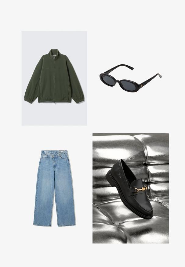 Grøn fleecejakke med høj krave, fuld lynlås og elastiske manchetter. Har en blød tekstur og et minimalistisk design.; Simpel hvid langærmet skjorte, rund hals, vist fra ryggen, lagt fladt på en hvid baggrund.; Lyseblå vide denimjeans med høj talje, fem lommer, knaplukning og diskret falmning for tekstur.; Sorte læder loafers med en guldfarvet hardware detalje. Skoen har et elegant design og en glat, skinnende overflade.; Store store