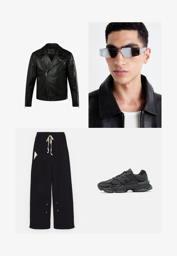 Sort lædermotorcykeljakke med en slå-krave, asymmetrisk lynlås og to sidelommer. Har en struktureret overflade og skræddersyet pasform.; Sort hættetrøje med gradient-effekt, der har en frontlomme, justerbar snøre i hætten samt ribbede mansjetter og kant. Blød stoftekstur.; Sorte bredde ben bukser lavet af blødt stof med snoreliv, sidelommer og en trekantet accentlomme. Sølv hardware detaljer inkluderet.; Sorte løbesko med en blanding af mesh og syntetiske materialer, kraftig sål, buet design og fremtrædende branding på siden.; Vinkelformede gråtonede solbriller med sølvhardware, sat mod en lys baggrund. Linsen har en unik geometrisk form.