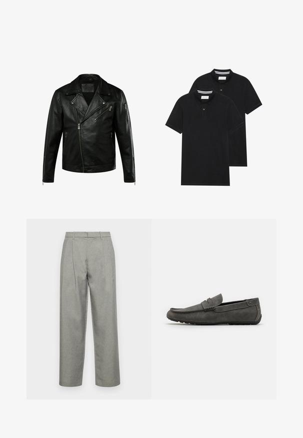 Schwarze Leder-Motorradjacke mit Reverskragen, asymmetrischen Reißverschlüssen und zwei Seitentaschen. Mit einer strukturierten Oberfläche und taillierter Passform.; Zwei schwarze Polohemden, kurzärmlig, aus Baumwolle, mit einem klassischen Kragen, zwei Knöpfen und weißen Streifenakzenten im Inneren des Kragens.; Graue maßgeschneiderte Hose aus strukturiertem Stoff mit geradem Bein, Bundfalten und einem Standardbund mit Gürtelschlaufen.; Graue Wildleder-Loafer mit abgerundetem Zeh, genähten Details und flacher Gummisohle. Der Schuh hat eine glatte Textur und einen vorderen Riemenakzent.