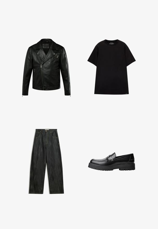 Sort lædermotorcykeljakke med en slå-krave, asymmetrisk lynlås og to sidelommer. Har en struktureret overflade og skræddersyet pasform.; PULL&BEAR JOIN LIFE - T-shirts basic - black; Mørke denim jeans med en løs pasform, med subtil lodret tekstur, gule sømme, fem lommer og en klassisk knaplukning.; Sort læderloafer med kraftig sål og dekorativ rem henover, vist i venstre sideprofil på hvid baggrund.