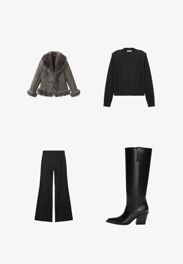Gray suede jacket with thick, fluffy fur trim on collar, cuffs, and hem, featuring long sleeves and front pockets.; Dark gray, cropped sweater with long sleeves, a rounded neckline, and a textured finish. Simple design without patterns or embellishments.; Black wide-leg pants with a smooth texture, featuring front pleats and a tailored design. The fabric is lightweight and flowy.; Knee-high black leather boots with a pointed toe, block heel, and a seam detail on the side. Includes a rear pull tab for easy wear.