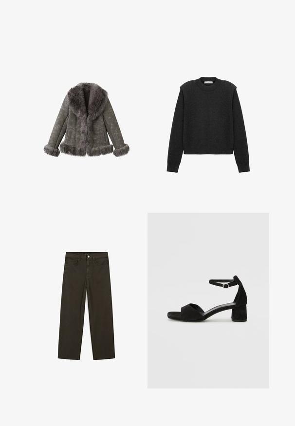 Grijze suède jas met dikke, fluffy bontafwerkingen op de kraag, manchetten en onderzoom, met lange mouwen en voorzakken.; Donkergrijze, cropped trui met lange mouwen, een ronde halslijn en een gestructureerde afwerking. Eenvoudig ontwerp zonder patronen of versieringen.; Donkergroene wijde jeans van een katoenmix, met een sluiting met een voorste knop, vijf zakken en klassieke denimstiksels.; Zwarte suede hakken met een dunne enkelband, open teen ontwerp en een bescheiden blokhak. Zachte textuur en minimale accenten.