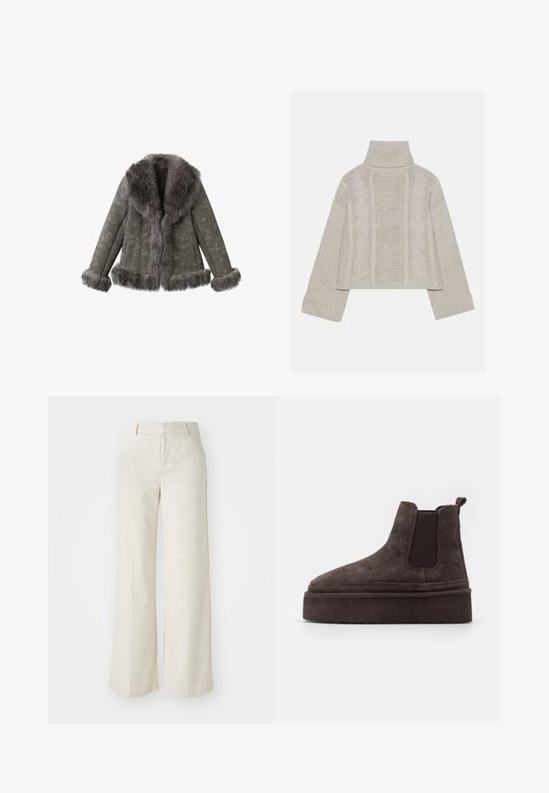 Gray suede jacket with thick, fluffy fur trim on collar, cuffs, and hem, featuring long sleeves and front pockets.; Cropped, light gray knit sweater with a high collar and ribbed cuffs, featuring textured cable patterns down the back and sides.; Wide-leg trousers in a light beige color, made of a smooth fabric. Features a classic waistband and flat front with clean lines.; Brown suede Chelsea boots with elastic side panels and a thick, textured platform sole. Features a pull tab at the heel for ease of wear.