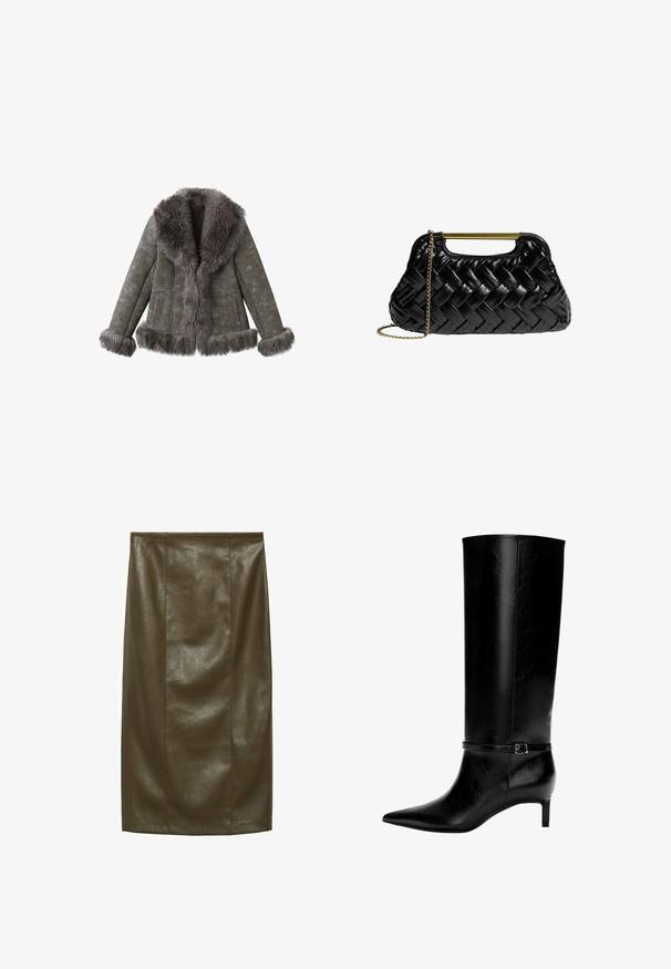Graue Wildlederjacke mit dickem, flauschigem Fellbesatz an Kragen, Ärmeln und Saum, ausgestattet mit langen Ärmeln und Fronttaschen.; Spitzenbluse in Mauve mit einem Rüschenausschnitt, langen Ärmeln und Bandgebunden vorne; mit ausgestellten, gerüschten Manschetten.; Olivenfarbene Kunstleder- Bleistiftrock mit glatter Textur, knielang, mit vertikalen Nähten für einen maßgeschneiderten Look.; Schwarze Lederstiefel bis zum Knie mit spitzer Zehe und kleinem Absatz. Verfügt über einen schmalen Riemen mit einer metallischen Schnalle am Knöchel. Glatte Textur.; Schwarze geflochtene Lederhandtasche mit einem goldenen Metallgriff und einem abnehmbaren Kettenriemen. Sie hat ein glänzendes Finish und eine weiche, abgerundete Form.