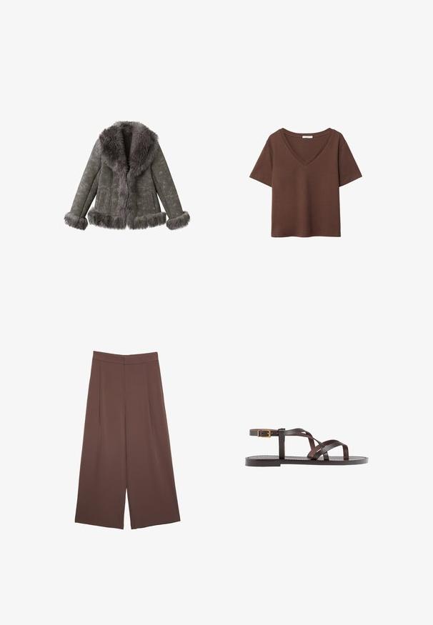 Harmaa mokkajakku, jossa on paksu ja pörröinen turkisreuna kauluksessa, hihoissa ja helmassa. Takissa on pitkät hihat ja etutaskut.; Ruskea puuvillapaita, jossa on lyhyet hihat ja syvä V-kaula-aukko. Yksinkertainen muotoilu, pehmeä rakenne ja suora helma. Ei kuvioita tai yksityiskohtia.; Ruskeat leveälahkeiset housut, joissa on sileä pinta, korkea vyötärö ja etupleat. Kangas on kevyttä ja laskeutuu väljänä.; Ruske kožne sandale s križnim trakama, zatvaranjem na kopču oko gležnja i ravnim potplatom s minimalnim detaljima šivanja.