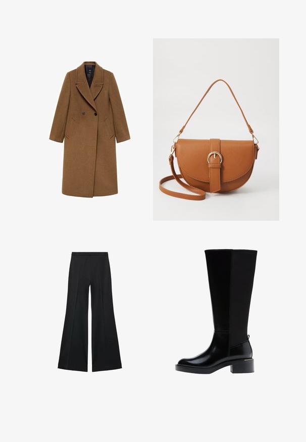 Hnedý vlnený kabát s dvojradovým zapínaním, veľkými klopami a dvoma bočnými vreckami. Má hladkú textúru a strihovanú konštrukciu.; Hnedý rolák vyrobený z mäkkej tkaniny, s priliehavým strihom, rebrovaným golierom a manžetami a s mierne skráteným pásom.; Čierne široké nohavice s hladkou textúrou, s prednými záhybmi a elegantným strihom. Materiál je ľahký a pruhlý.; Čierne kožené čižmy po kolená s lesklým povrchom, štvorcovou špičkou, blokovým opätkom a detailom na bočnom šve. Majú pútko na zadnej strane.; Hnedá kožená kabelka cez telo s zakriveným tvarom, zlatými kovovými doplnkami a akcentom s prackou. Obsahuje odnímateľný ramenný popruh.