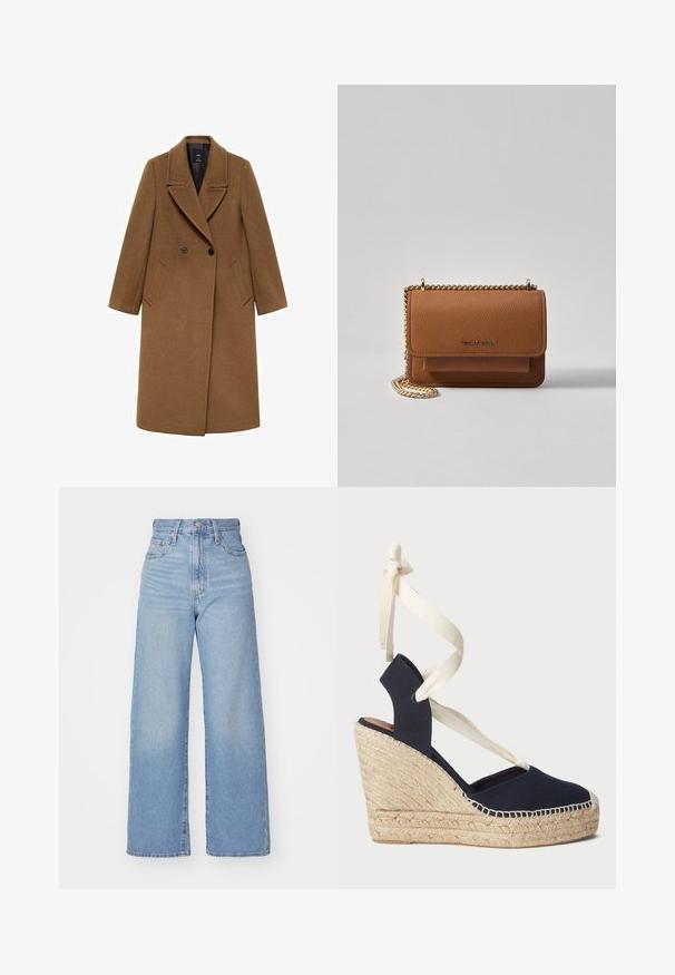 Bruin wollen jas met een dubbelzijdige voorkant, grote revers en twee zijzakken. Heeft een gladde textuur en een op maat gemaakte uitstraling.; Crème gebreide trui met korte mouwen, voorzien van een zwart en rood geometrisch sterrenpatroon en zigzagaccenten op de mouwen en de zoom.; Lichtblauwe high-waist wijde jeans met een knoop- en ritssluiting aan de voorkant, voor- en achterzakken, op een witte achtergrond.; Marine blauwe canvas wedge sandaal met een espadrille touwzool en crèmekleurige lintstrikken rond de enkels. Gesloten hiel en rond neopreen ontwerp.; Bruine lederen schoudertas met textuur, voorzien van een gouden kettingstrap en klepsluiting. De voorkant heeft een logo-detail en een zak onder de klep.