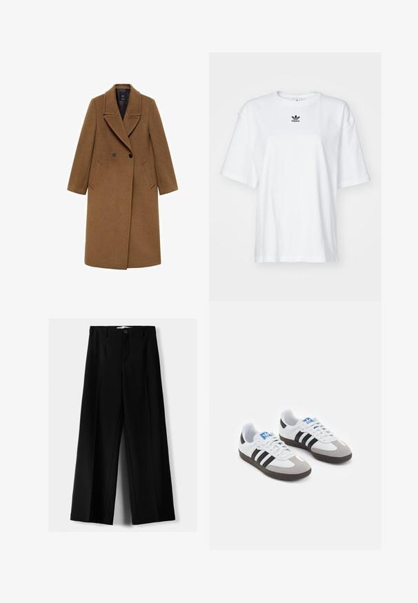 Palton din lână maro cu un guler dublu, revere mari și două buzunare laterale. Are o textură netedă și un design croit.; Tricou alb cu mânecă scurtă, fabricat din bumbac. Are un guler rotund și un mic logo negru Adidas pe piept. Tiv drept.; Pantaloni negri cu picior larg, fabricați dintr-un material ușor, cu închidere frontală cu nasture și față plată, având tivuri cusute cu atenție.; Încălțăminte sport cu un superior din piele albă, vârf din suede gri și trei dungi negre. Prezintă un logo albastru pe limbă și o talpă din cauciuc texturat.