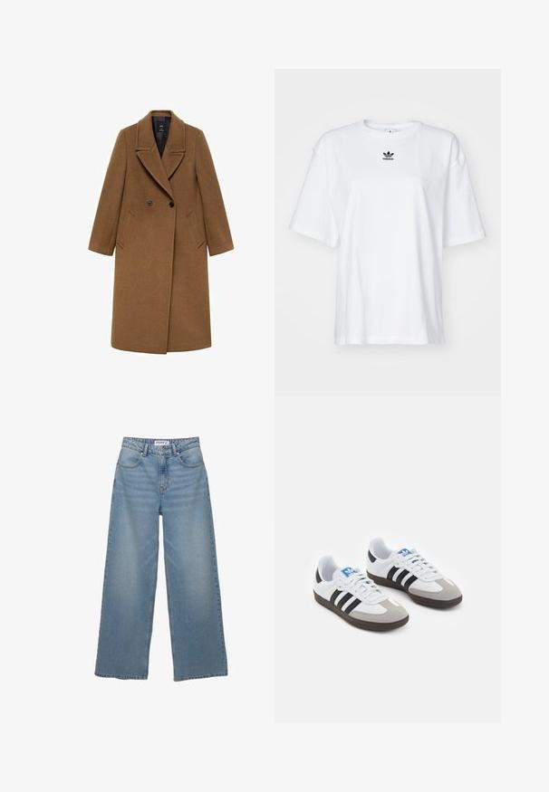 Cappotto in lana marrone con chiusura doppiopetto, ampi revers e due tasche laterali. Presenta una texture liscia e un design su misura.; T-shirt bianco a maniche corte in cotone. Presenta un collo rotondo e un piccolo logo Adidas nero sul petto. Orlo dritto.; Jeans a gamba larga di colore azzurro chiaro realizzati in denim. Caratterizzati da vita alta, cinque tasche e un taglio dritto con minima scoloritura.; Scarpe sportive con tomaia in pelle bianca, punta in suede grigia e tre strisce nere. Presentano un logo blu sulla linguetta e una suola in gomma testurizzata.