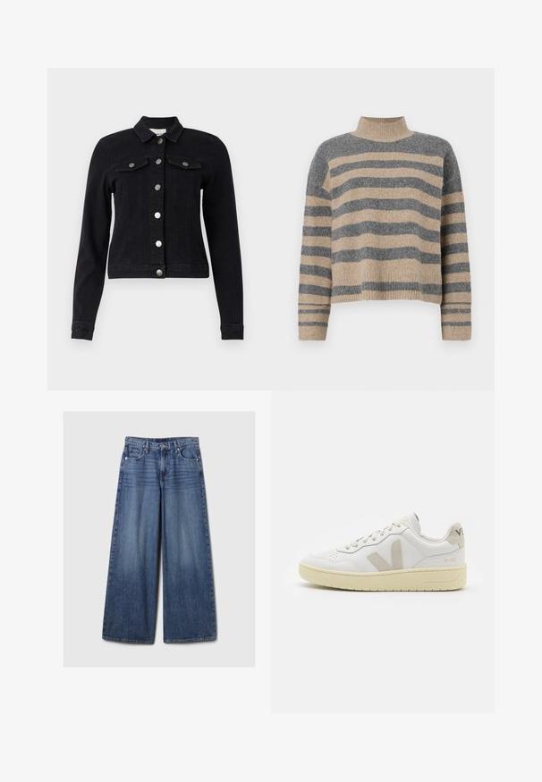 Chaqueta de mezclilla negra con mangas largas, cierre frontal de botones, dos bolsillos en el pecho con solapas y un diseño recortado. Acentos en hardware plateado mate.; Suéter de punto a rayas en colores gris y beige, con cuello alto, mangas anchas con puños, y un corte relajado con un diseño recortado.; Jeans de mezclilla azul de pierna ancha con un acabado desgastado, que cuentan con un cierre de botón y cremallera, cinco bolsillos y cinturas.; Zapatilla de piel blanca con acentos de ante beige, caja de puntera perforada, cordones planos y suela texturizada en color crema. Cuenta con un branding sutil en el talón.