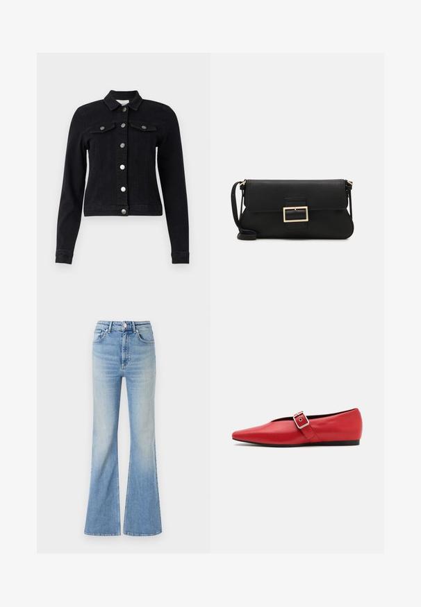 Fekete farmerdzseki hosszú ujjakkal, elől gombos záródással, két mellzseb flap-pel, és rövidített fazonnal. Matt ezüst hardware díszítések.; Olive zöld, vállnál nyitott, hosszú ujjú pulóver, puha, texturált anyagból készült, bordázott nyakkivágással és sima testtel.; Világoskék, bő szabású farmernadrág, magas derekú, öt zsebes dizájnnal, amelynek alja fokozatos elhalványulással rendelkezik.; Piros bőr lapostalpú cipő, hegyes orral, oldalsó pánttal és fémből készült csattal, alacsony fekete sarokkal. Sima textúra az egész cipőn.; Fekete bőr kézitáska hajtóka részlettel és aranyszínű fém csattal. Tartalmaz egy fekete pántot és egy letisztult, minimális dizájnt.