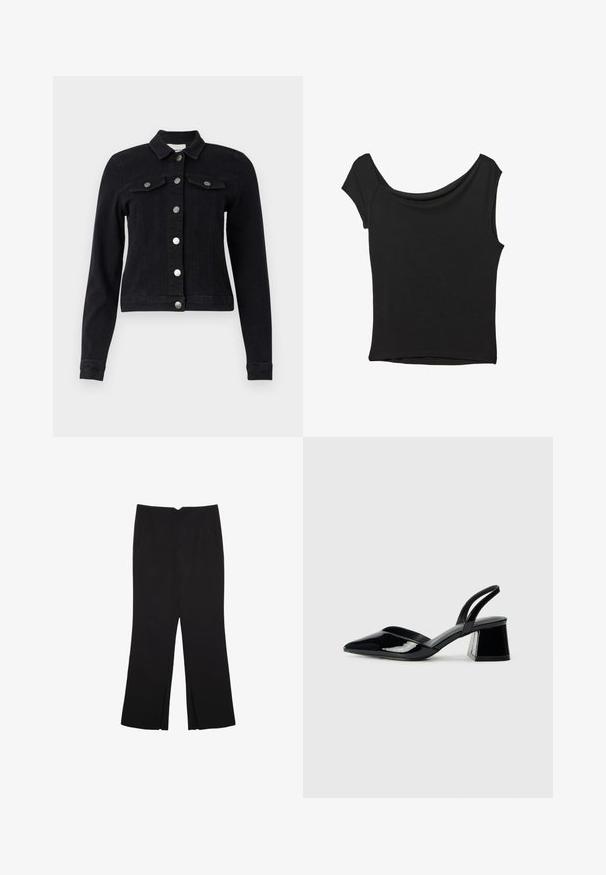 Črna usnjena jakna z dolgimi rokavi, sprednjim gumbom za zapiranje, dvema prsnikoma s poklopci in skrajšano zasnovo. Mat srebrni dodatki.; Črna kratka majica s kratkimi rokavi iz gladkega blaga; ima drapiran izrez in asimetrično spodnjo rob, s prilegnjenim telesom.; Črne hlače ravnega kroja z naglavnimi žepi in stranskimi razporki na robu. Narejene iz mehke, gladke tkanine. Primerne za različne priložnosti.; Črne lakirane slingback pete s koničastim nosom in geometrijsko blokasto peto. Imajo eleganten, minimalističen dizajn in gladko teksturo.
