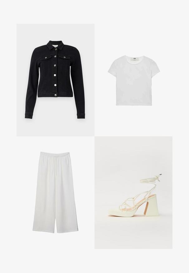 Črna usnjena jakna z dolgimi rokavi, sprednjim gumbom za zapiranje, dvema prsnikoma s poklopci in skrajšano zasnovo. Mat srebrni dodatki.; Bela majica s kratkimi rokavi in okroglim ovratnikom, izdelana iz mehke bombažne tkanine, ki ima preprost, čist dizajn brez vidnih vzorcev ali poudarkov.; Bele široke hlače iz lahkega materiala, ki imajo elastičen pas in vrvico za prilagajanje. Gladka tekstura.; Bela sandala na visokih petah s debelim petam, ki ima obliko trakcev in vezanje okoli gležnja. Gladka tekstura z platformo spredaj za dodatno višino.