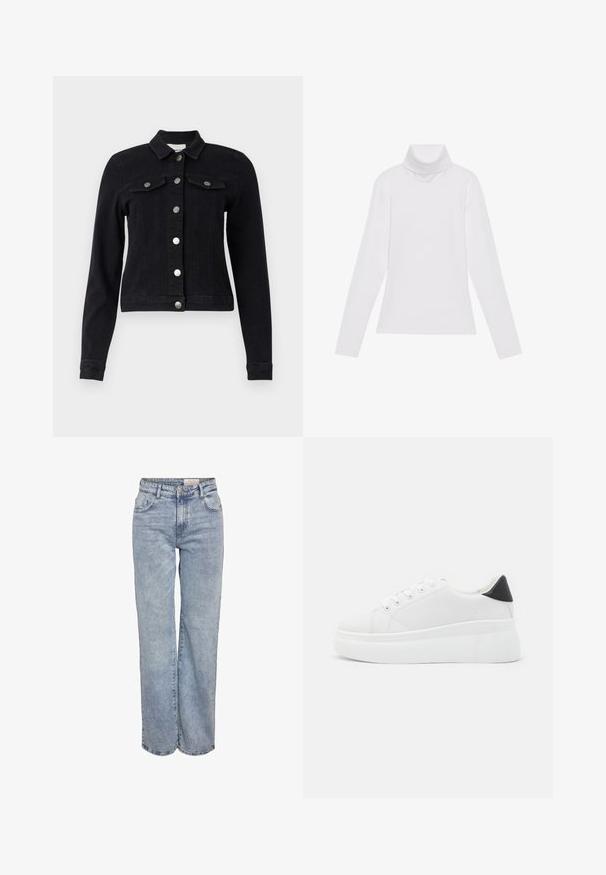 Svart denimjacka med långa ärmar, knappstängning framtill, två bröstfickor med kläppar och en kortad design. Matta silverdetaljer.; Vit långärmad polotröja gjord av ett smidigt, stretchigt material. Har en hög krage och åtsittande design, utan synliga mönster eller dekorationer.; Ljusblå vida jeans i denim med hög midja, femficksdesign och subtila blekningar för en använd look.; Vita plattformssneakers gjorda av slät syntetiskt material, med rund tå, snörningsdesign och en texturerad gummisula. Svart hälaccent.