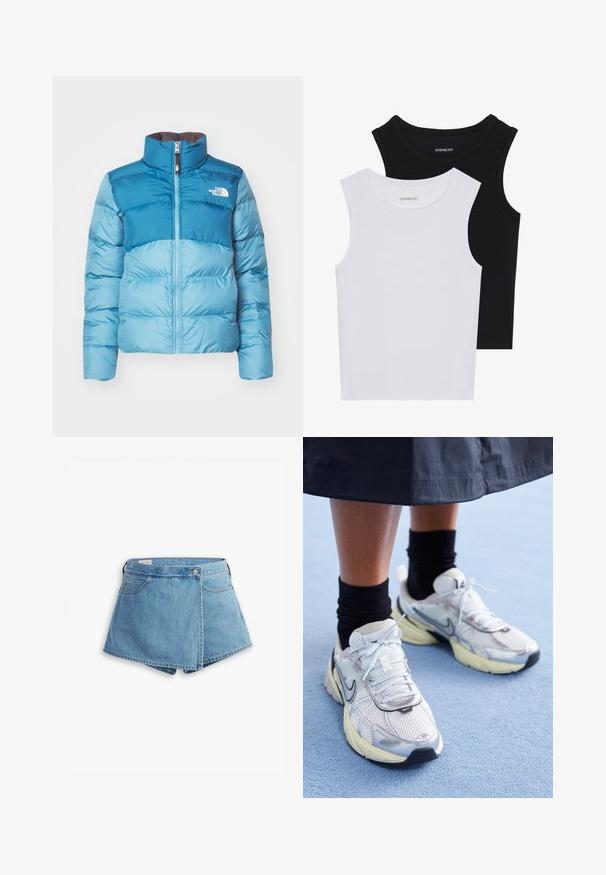Chaqueta acolchada azul con cuello alto, cierre de cremallera y detalle de logo. Fabricada con un tejido liso y brillante y un diseño acolchado.; Dos camisetas sin mangas en negro y blanco, hechas de algodón acanalado, con escote redondo y un diseño ajustado. Etiquetas visibles en ambas.; Pantalones cortos de denim en azul claro, con un diseño envolvente, bolsillos frontales y un cierre de botón de metal. Textura suave con bordes cosidos.; Zapatillas Nike blancas y plateadas con tejido de malla, detalles reflectantes y una suela beige. Llevadas con calcetines negros, de pie sobre una superficie azul.