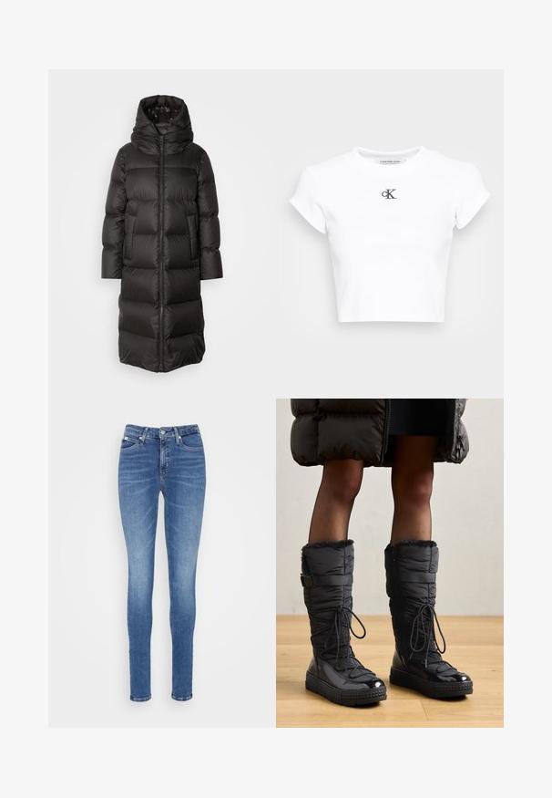 Marc O'Polo COAT FIXED HOOD WELT POCKETS SIDE SLITS BACKPACK BELTS - Piumino lungo - normal black; Maglietta corta bianca realizzata in tessuto a costine. Presenta un collo rotondo e maniche corte. Logo "cK" ricamato in nero sul petto.; Jeans skinny in denim blu medio, con vita alta, trama liscia, due tasche frontali e una tasca posteriore.; Stivali puffer neri al ginocchio con rifinitura in pelliccia sintetica, parte superiore impermeabile e lucida, suola texturizzata e dettagli in pizzo regolabile.