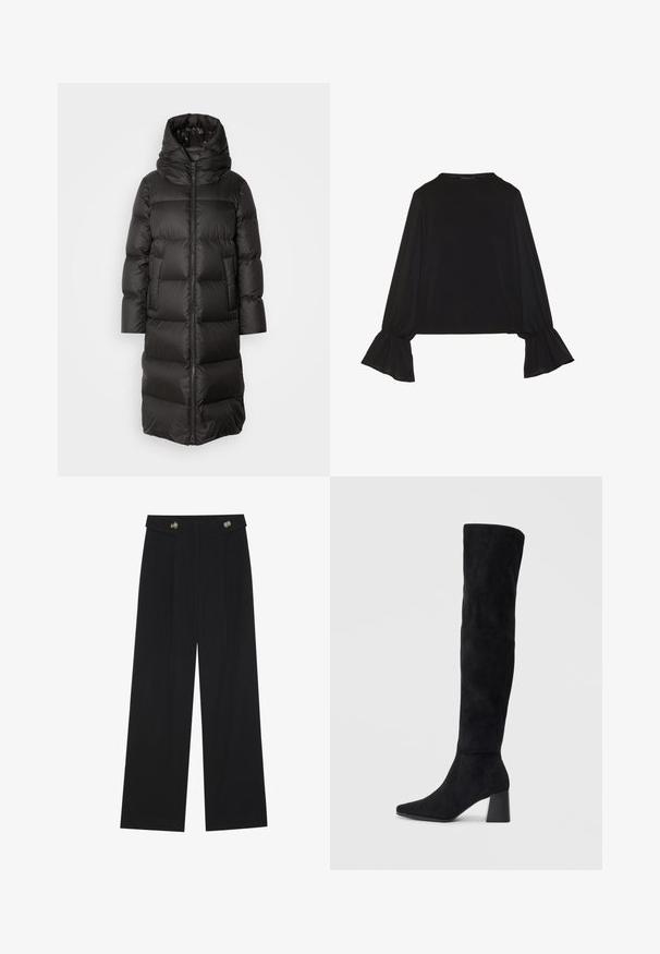 Marc O'Polo COAT FIXED HOOD WELT POCKETS SIDE SLITS BACKPACK BELTS - Sulemantel - normal black; Mustsärgid musta tooniga, pika varrukaga, flöödid käised, pehme tekstuur ja vabalt langev lõige, lihtsa ümaraga kaelusega.; Mustad laiad püksid kõrge vöökoha ja nööpdetailidega vööandil, esikortsudega.; Must must ümberpööratud musta nahast põlve kõrgune saapad blokknõelaga, terava varbaga ja sujuva, õmblusteta disainiga, asetatud heledale taustale.