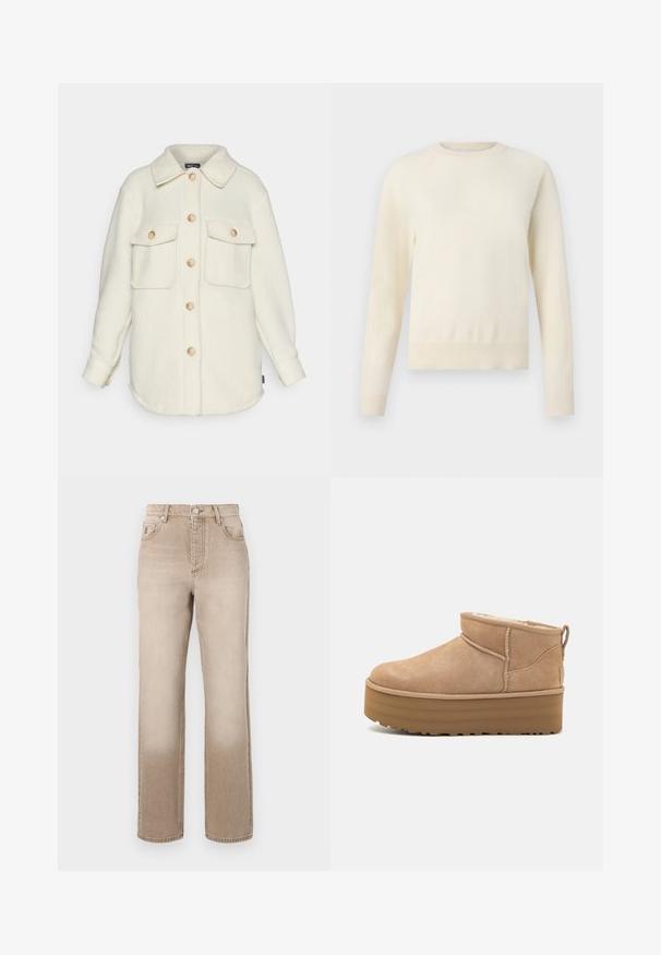Krémový flísový košeľový kabátik s golierom, dlhými rukávmi a dvoma prednými vreckami. Obsahuje svetlé drevené gombíky a zaoblený spodný lem.; Svetlý krémový sveter s dlhými rukávmi, okrúhlym výstrihom a rebrovaným spodným okrajom. Vyrobený z mäkkého materiálu s hladkou štruktúrou.; Béžové riflové nohavice s jemne vyblednutým efektom, rovný strih, pät pocket štýl a kovové gombíkové zapínanie v páse.; Béžové semišové členkové topánky s mäkkým interiérom, vybavené platformovou podrážkou a malým úchytom na zadnej strane pre jednoduché obúvanie. Textúrovaná gumová podrážka.