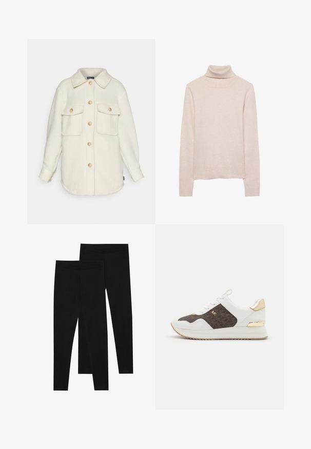 Kremna majica iz flisa s ovratnikom, dugim rukavima i dva prednja žepa. Ima svijetle drvene gumbe i zaobljen rub.; Svetrovček v svetlo roza barvi s turtleneck iz mehkega pletenega materiala. Ima dolge rokave ter rebrast ovratnik in rob. Klasična prilegajoča se zasnova.; Črne legice iz raztegljive tkanine, z brezšivnim pasom in oprijetim krojem, primerne za prosti čas ali vadbo.; Beli športni copati s panelom iz rjave tkanine z vzorcem, z zlatimi dodatki, okroglo konico, vezalnim dizajnom in teksturiranem gumijastem podplatu.