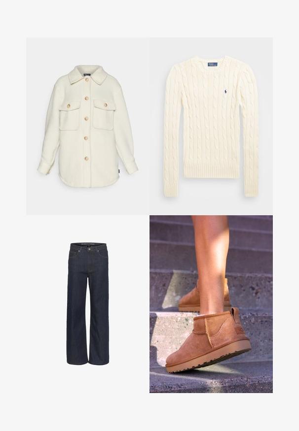 Cream, fleece shirt jacket with a collar, long sleeves, and two front pockets. Features light wooden buttons and a rounded hem.; Cream cable-knit sweater with long sleeves, ribbed cuffs and hem, featuring a small embroidered logo on the left chest.; Dark denim wide-leg jeans with a high waist, featuring five pockets, contrasting stitching, and a raw hem at the bottom.; Tan suede ankle boots with a soft texture, stitched detailing, and a rubber sole, featuring a looped heel for easy wear.