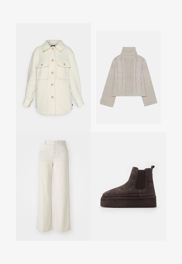 Jachetă din fleece crem, cu guler, mâneci lungi și două buzunare frontale. Prezintă nasturi din lemn deschis și un tiv rotunjit.; Pulover tricotat, de culoare gri deschis, cu guler înalt și manșete ribbrate, având modele texturate de cabluri pe spate și pe laturi.; Pantaloni cu picioare largi, de culoare bej deschis, dintr-un material neted. Prezintă un brâu clasic și un față plată cu linii curate.; Cizme Chelsea din suede maro, cu panouri elastice pe laterale și o talpă groasă, texturată. Dispun de un obiect de prindere la călcâi pentru a facilita îmbrăcarea.