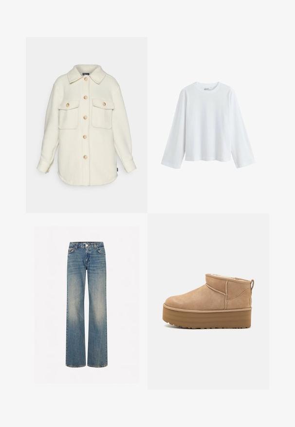 Kreminės spalvos, pūkuota marškinėlių striukė su apykakle, ilgomis rankovėmis ir dviem priekine kišenėmis. Yra šviesių medinių mygtukų ir apvalus kraštas.; Balta, ilgomis rankovėmis marškinėliai, pagaminti iš švelnaus medvilnės, su apvaliu iškirpimu ir krentantiems pečių kirpimu, laisvo silueto be matomų raštų.; Šviesiai mėlynos džinsinės kelnes su plačiomis kojomis, dėvėtos tekstūros, penkiomis kišenėmis, mygtukų užtrauktuku ir kontrastingomis siūlėmis.; Bežiniai zomšiniai aukštakulniai batai su pūkuotu vidumi, turintys platformos padas ir traukimo kilputę gale patogiam užsimovimui. Tekstūruotas guminis padas.