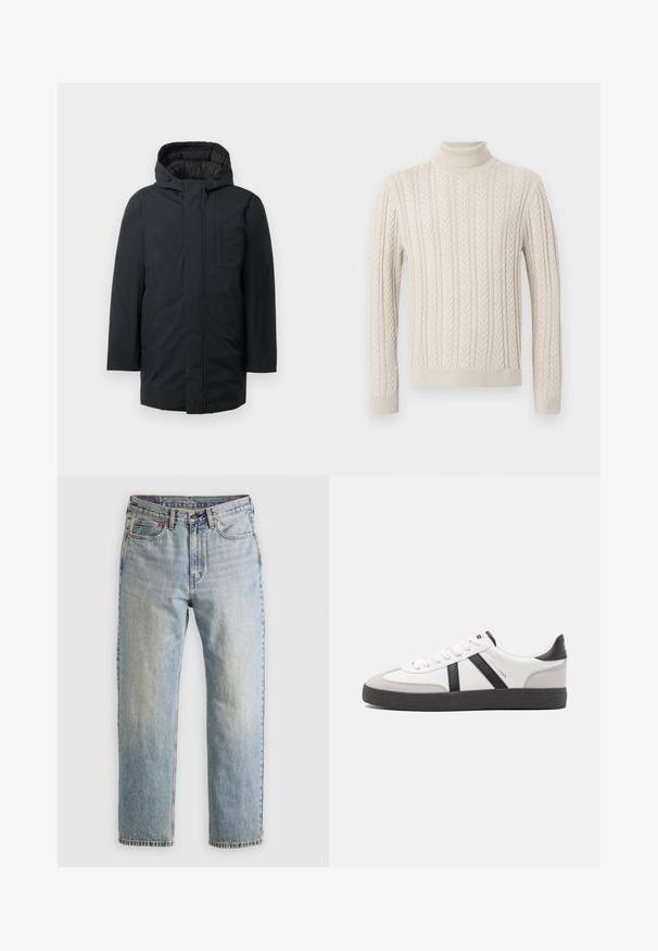 Fekete bélelt parka kapucnival, első zipzárral, oldalsó zsebekkel és sima külső felülettel. Minimalista dizájn.; Beige, kötött pulóver magas, bordázott garbónyakkal. Texturált fonott minta és bordázott mandzsetta valamint alj jellemzi, ami kényelmes megjelenést kölcsönöz.; Világoskék farmernadrág magas derékkal, elülső gombbal, cipzárral és öt zsebbel, sima háttérre fektetve.; Fehér sneaker fekete és szürke részletekkel, textúrált szürke orr résszel, fekete gumitalppal és lapos fehér fűzőkkel. Tiszta dizájn, minimalista stílus.