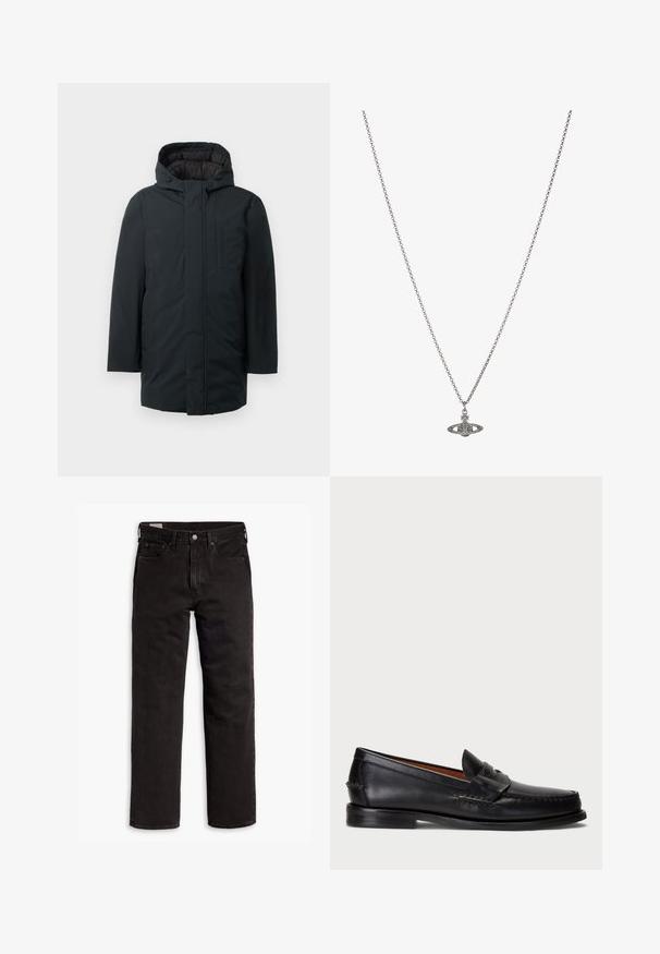 Μαύρο μόνωσο παρκά με κουκούλα, διαθέτει μπροστινό φερμουάρ, πλαϊνές τσέπες και ομαλή υφή στην εξωτερική επιφάνεια. Μινιμαλιστικός σχεδιασμός.; Μαύρο βαμβακερό T-shirt με στρογγυλή λαιμόκοψη και κοντά μανίκια. Διαθέτει ένα διακριτικό λογότυπο μπροστά και ίσια τελειώματα. Απλός και μινιμαλιστικός σχεδιασμός.; Μαύρα τζιν παντελόνια σε ευθεία γραμμή με πέντε τσέπες, κουμπί κλεισίματος και θηλιές ζώνης, απλωμένα σε λευκό φόντο.; Μαύρο δερμάτινο μοκασίνι με στρογγυλή μύτη, ραφές και διακοσμητική λωρίδα μπροστά. Λείος πάτος με ελάχιστο προφίλ.; Ασημένια αλυσίδα με κολιέ που διαθέτει μια λεπτομερή εκλεπτυσμένη πένα σε σχήμα πλανήτη, διακοσμημένη με μικρές λεπτομέρειες και περίπλοκα σχέδια.
