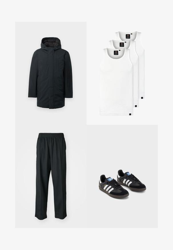 Black insulated parka with a hood, featuring a front zip closure, side pockets, and a smooth exterior texture. Minimalist design.; Three white ribbed tank tops made of cotton. Features a crew neck and small black labels near the hem. Available in multiple sizes.; Black athletic pants with an elastic waistband, made of smooth fabric, featuring subtle side stitching and a relaxed fit, straight leg design.; Black sneakers with a suede and synthetic upper, featuring three white stripes, textured rubber sole, and blue logo tag on the tongue.