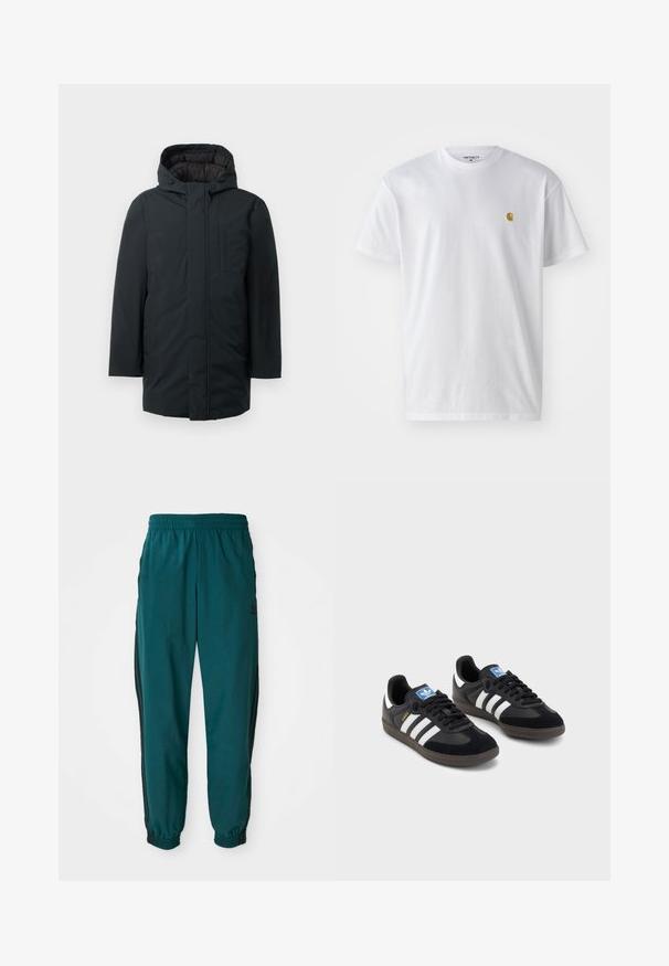 Zwarte geïsoleerde parka met capuchon, voorzien van een voorritssluiting, zijzakken en een gladde buitenkant. Minimalistisch ontwerp.; Witte katoenen t-shirt met korte mouwen en ronde hals, voorzien van een klein gouden logo op de linkerkant van de borst. Zachte textuur en een normale pasvorm.; Teal sportbroek met een trekkoord in de taille, elastische boorden en zwarte zijstreep. Gemaakt van lichte stof en voorzien van een logo nabij de heup.; Zwarte sneakers met een bovenwerk van suède en synthetisch materiaal, voorzien van drie witte strepen, een gestructureerde rubberen zool en een blauw logo-label op de tong.