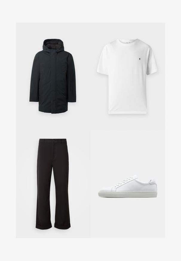 Juodas izoliuotas parka su kapišonu, su priekiniais užtrauktukais, šoniniais kišenėmis ir lygiu paviršiumi. Minimalistinis dizainas.; Balta medvilninė marškinėliai su apvalia iškirpte, trumpomis rankovėmis ir maža juoda logo ant krūtinės. Minkšta tekstūra, kasdieniškas siluetas.; Juodos tiesios kelnės, pagamintos iš lengvos medžiagos. Turi klasikinį sagos uždarymą ir pasuktus apačios kraštus.; Baltas sportinis batelis su lygiu odiniu paviršiumi ir žemu profiliu. Turi suapvalintą pirštą, šešis akių skyrius ir tekstūruotą gumos padą.