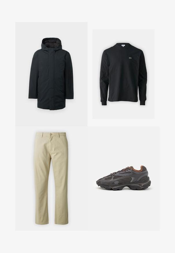 Čierny zateplený parka s kapucňou, s predným zipsom, bočnými vreckami a hladkým vonkajším povrchom. Minimalistický dizajn.; Čierne tričko s dlhým rukávom vyrobené z bavlny, s okrúhlym výstrihom a malým zeleným vyšívaným logom krokodíla na ľavej hrudi.; Béžové bavlnené nohavice so strihaťou rovného strihu, predným zapínaním na gombík a pútkami na opasok. Hladká textura, bez viditeľných vzorov alebo akcentov.; Lacoste tenisky v tmavo sivej farbe z nylonu a syntetického materiálu, s textúrovanou podrážkou a hnedými akcentami na golieri a brandingu.