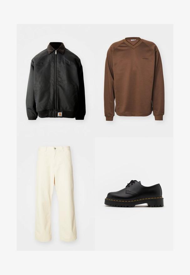 Sort bomberjakke med lynlåslukning, brun kordfløjlskrave, elastiske manchetter og kant, med et firkantet logo-patch nederst foran.; Brun sweatshirts med V-halsdesign, lange raglanærmer og ribbede manchetter. Har et diskret broderet logo på brystet. Glat tekstur.; Cremefarvede bukser med vidde, lavet af bomuld med knaplukning, bæltestropper og syet kant. Glat tekstur, ingen synlige mønstre.; Sort læder snøresko med en rund tå, tekstureret gummisål og gule stikninger omkring bunden. Flad design og glat finish.
