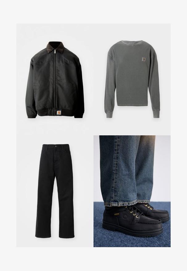 Casaco bomber preto com fecho de zip, colarinho em panno corduroy castanho, punhos e bainha elásticos, apresentando um emblema quadrado na parte inferior da frente.; Sweatshirt cinza de manga longa e gola redonda com textura canelada, apresentando um pequeno emblema em forma de quadrado no lado esquerdo do peito e punhos canelados.; Calças de ganga pretas com corte direito, apresentando bolsos frontais, fecho de zip e um único botão na parte superior. Tecido texturizado com um acabamento mate.; Sapatos de couro pretos com ilhós dourados e um acabamento texturizado, combinados com jeans de denim azul. Os sapatos apresentam uma sola em camadas e detalhes de marca.