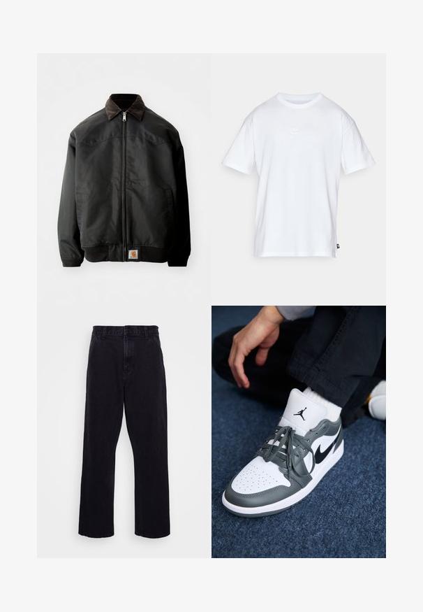 Black bomber jacket with a zip closure, brown corduroy collar, elastic cuffs, and hem, featuring a square logo patch at the lower front.; White cotton t-shirt with short sleeves and a round neck. Features a small, subtle Nike logo on the chest and a side label.; Black denim trousers with a straight leg design, featuring a button and zip closure, belt loops, and minimal stitching details.; Nike Air Jordan 1 sneakers in white and gray leather, featuring a black logo, perforated toe, and flat gray laces.