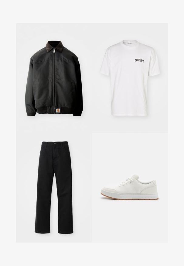 Giacca bomber nera con chiusura a zip, collo in velluto a coste marrone, polsini e orlo elasticizzati, con logo quadrato ricamato nella parte inferiore frontale.; Maglietta in cotone bianco con maniche corte e scollo rotondo. Presenta un logo "Carhartt" nero stampato sull'area superiore sinistra del petto.; Pantaloni in denim nero con taglio dritto, caratterizzati da tasche frontali, chiusura con zip e un singolo bottone superiore. Tessuto testurizzato con finitura opaca.; Scarpe da ginnastica bianche con tomaia in rete, punta rotonda e suola in gomma con un motivo testurizzato. Presentano lacci piatti e un marchio discreto sul tallone.
