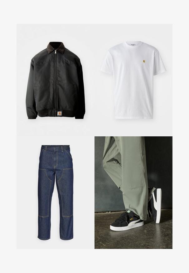 Giacca bomber nera con chiusura a zip, collo in velluto a coste marrone, polsini e orlo elasticizzati, con logo quadrato ricamato nella parte inferiore frontale.; T-shirt bianco in cotone con maniche corte, con colletto girocollo, caratterizzato da un piccolo logo dorato sulla parte sinistra del petto. Tessuto morbido e vestibilità regolare.; Jeans in denim blu scuro con vita alta, design a gamba dritta, cuciture a contrasto e tasche applicate sulla parte frontale.; Sneaker in suede nero con suole in gomma bianca e strisce laterali, abbinate a pantaloni cargo verde chiaro, in piedi su una superficie scura e texture.