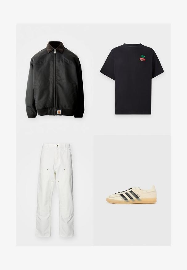 Black bomber jacket with a zip closure, brown corduroy collar, elastic cuffs, and hem, featuring a square logo patch at the lower front.; Black cotton t-shirt with short sleeves, featuring a green and red Adidas logo design on the chest. Simple, relaxed fit.; White cotton cargo pants with a relaxed fit. Features include front pockets, gold hardware accents, and reinforced knee sections.; Light cream sneaker with black three-stripe design, textured upper, round toe, and gum sole. Features laces and branding on side.