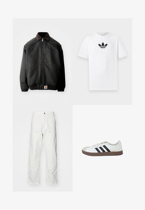 Czarna kurtka bomberka z zapięciem na zamek, brązowym kołnierzem z kordurowego materiału, elastycznymi mankietami i dołem, z kwadratową naszywką logo na dolnej części przodu.; Biała bawełniana koszulka z krótkim rękawem, z czarnym logo Adidas na środku. Klasyczny fason z okrągłym dekoltem. Gładka tekstura.; Białe bawełniane spodnie cargo o luźnym kroju. Cechy to przednie kieszenie, złote akcenty oraz wzmocnione części kolan.; Białe sneakersy z szarym zamszowym czubkiem, czarnym wzorem w trzy paski i brązową gumową podeszwą. Posiadają sznurowane zapięcie z przodu oraz wyściełany kołnierz.
